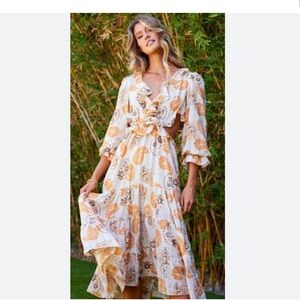 Bishop + Young Cream Floral Cutout Ruffle Trim Balloon Sleeve Midi Dress Small